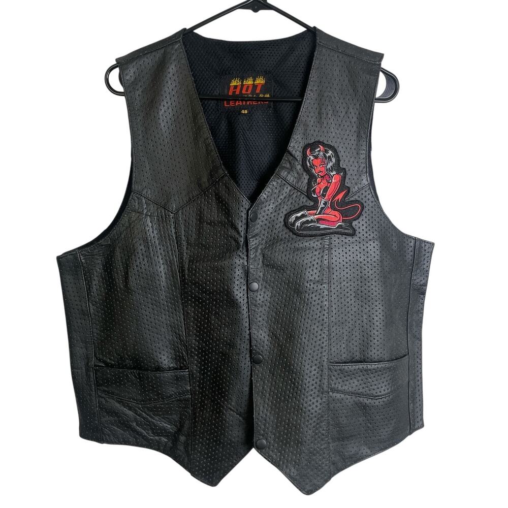 Hot Leathers Leather Vest Mens 48 Black Motorcycle Biker Devil Woman Patch USA